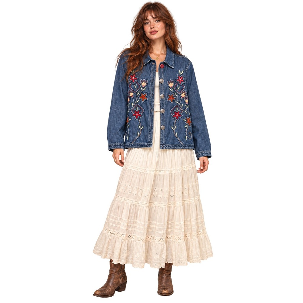 Vintage Keren Hart Embroidered Denim Jacket Women's XXL Cottagecore Boho